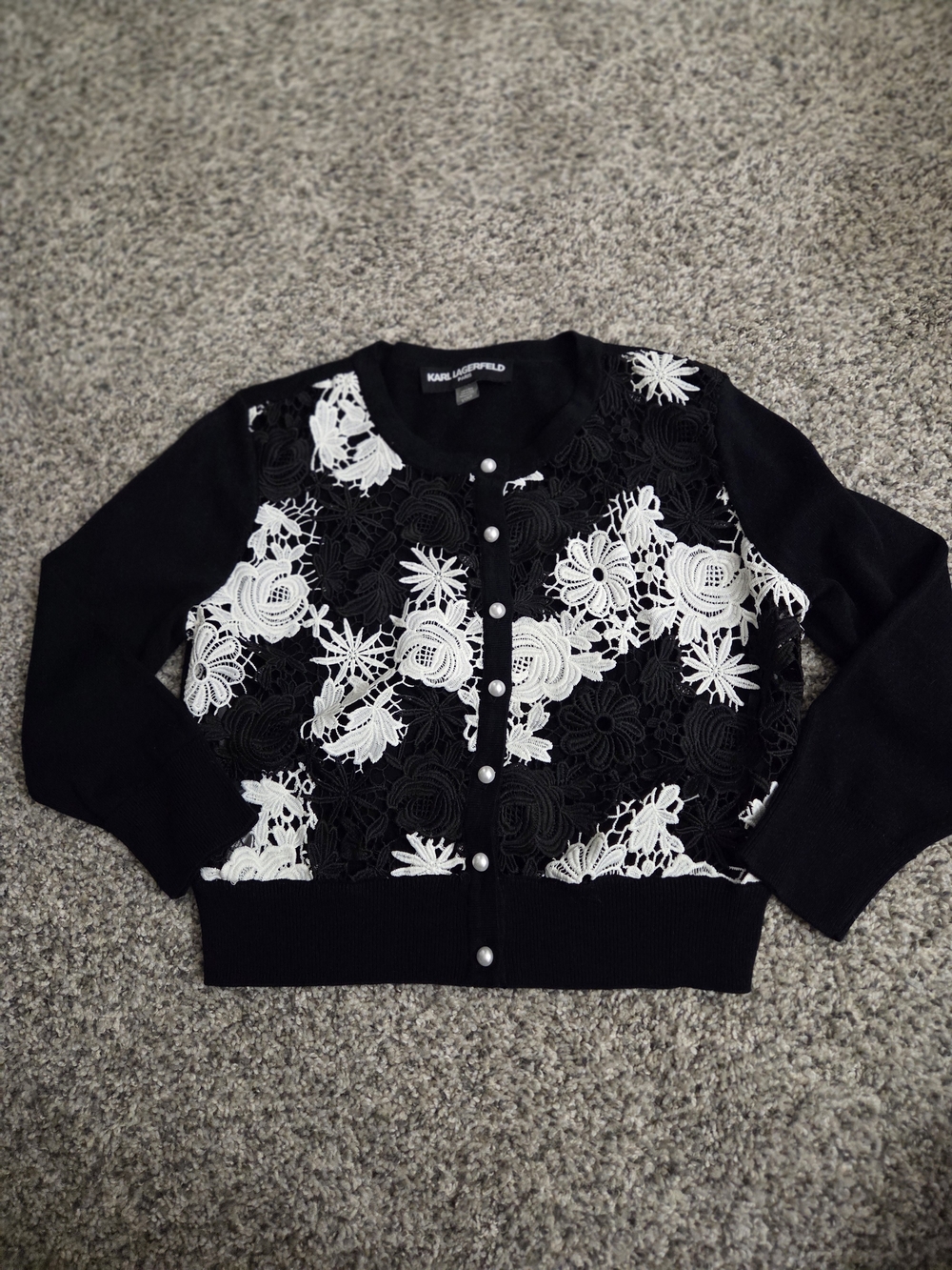KARL LAGERFELD Black Cardigan with White Floral Lace Appliqué
